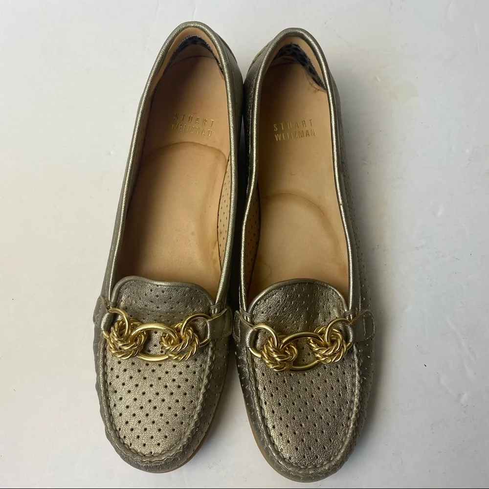 Vintage Stuart Weitzman Gold Metallic Leather Chain Bit Loafers 7.5 SS